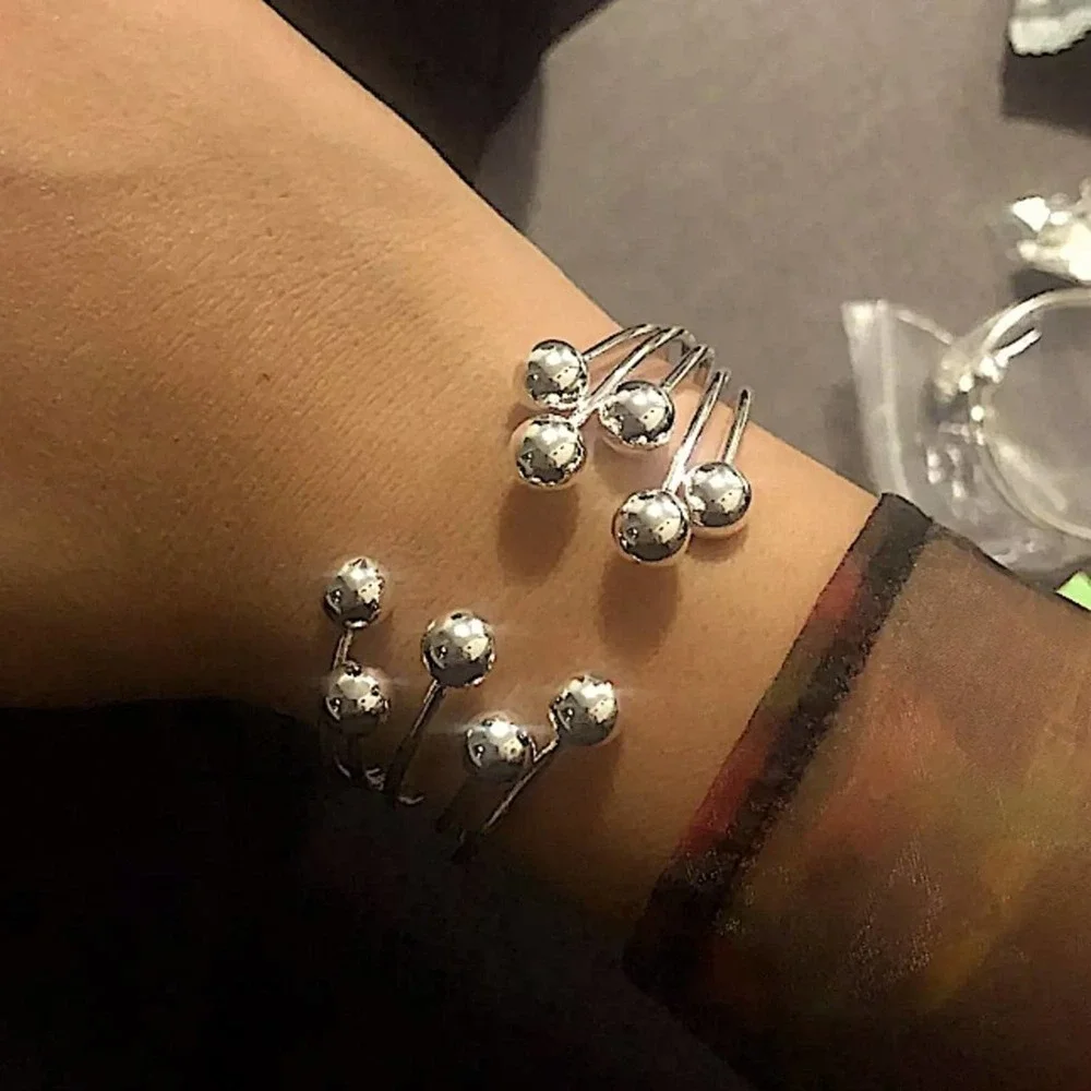 Sterling Silver Beaded Ball Bracelet Cuff Bangle Matching Ring Set